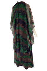 1970s Jean Varon Printed Green & Deep Blue Tiered Chiffon Caftan Dress