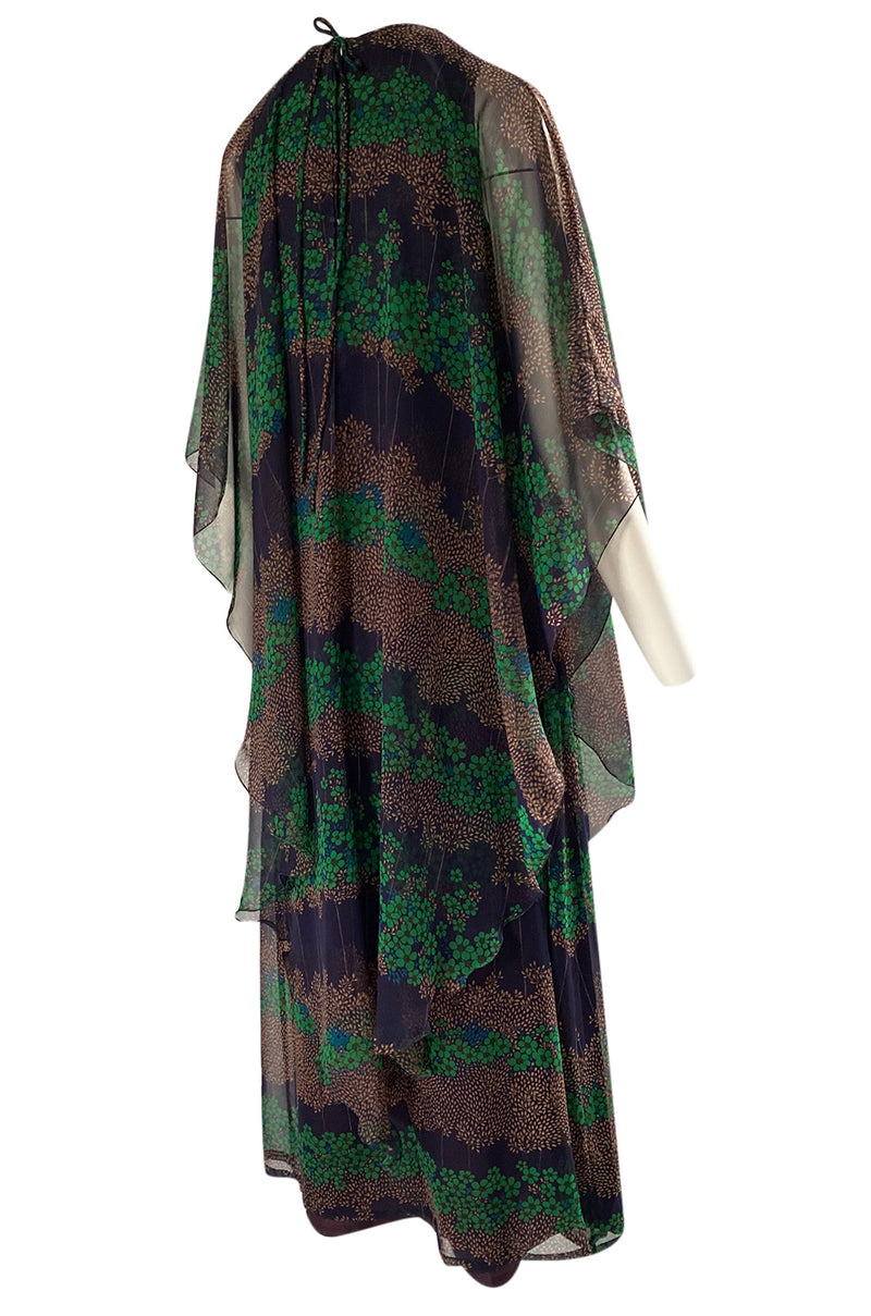 1970s Jean Varon Printed Green & Deep Blue Tiered Chiffon Caftan Dress