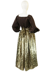 1970s Travilla Puffed Sleeve Silk & Gold Lame Gown