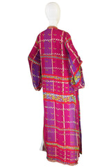 1960s Vivid Pink Silk and Gold Braid Rainbow Caftan