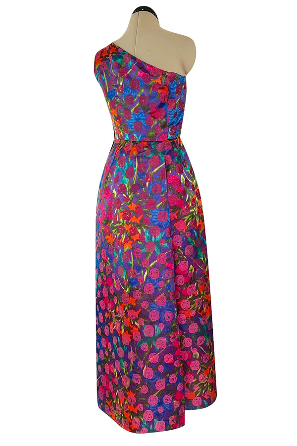 Prettiest 1970s Bergdorf Goodman One Shoulder Silk Brocade Woven Pink Rose Dress