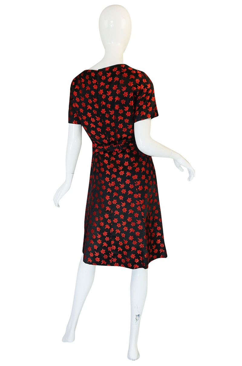 1950s Black Silk with Red Embroidered Floral Detail Dress