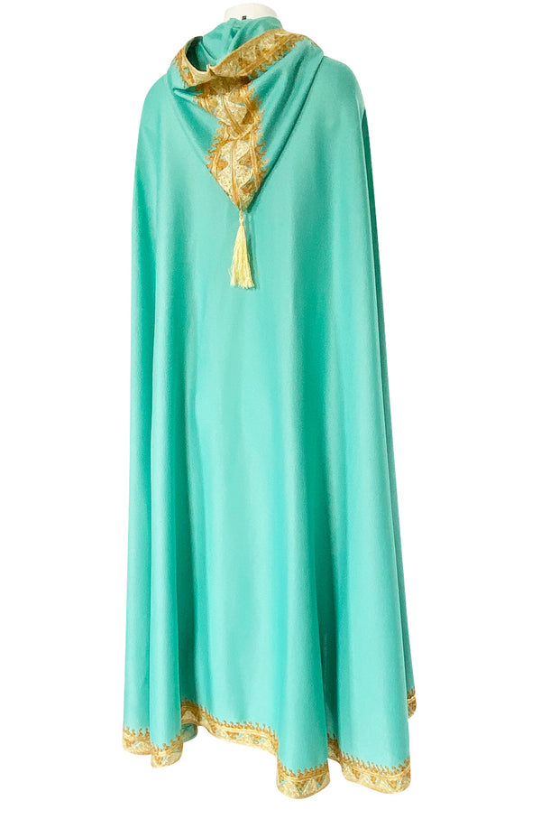 1970s Turquoise Jersey Cape with Gold Cord Braiding Detailing & Hood