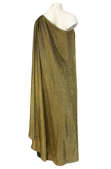 c.1978 Halston One Shoulder Gold Lame Jersey Full Length Maxi Dress