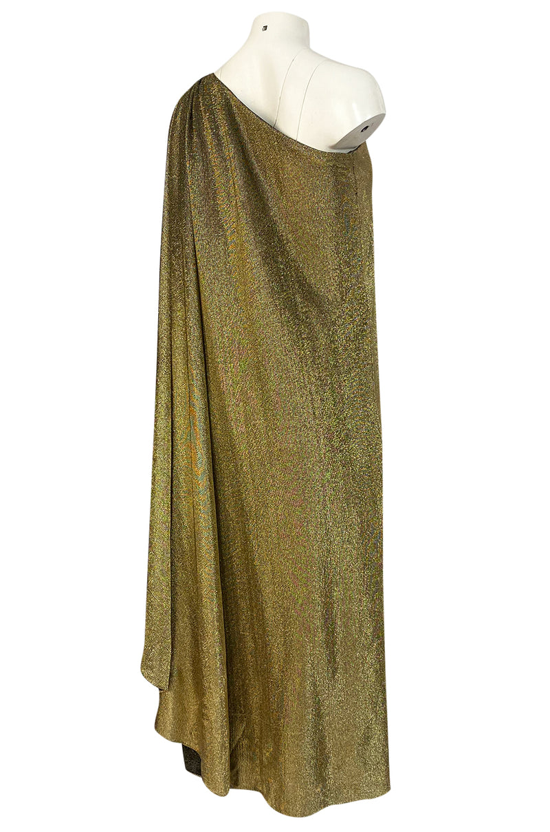 c.1978 Halston One Shoulder Gold Lame Jersey Full Length Maxi Dress
