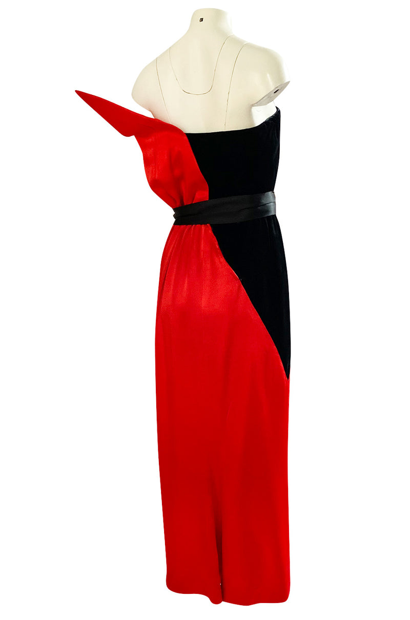 Dramatic 1970s Bill Blass Red Silk & Black Velvet Strapless 'Flame' Dress