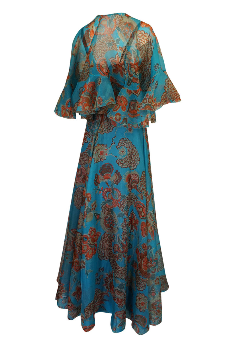 1960s Hardy Amies Deep Turquoise & Printed Silk Organza Dress w Matching Ruffled Capelet