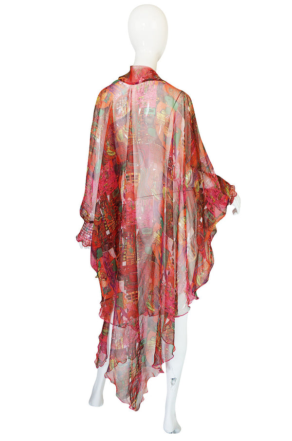 1970s Printed Chiffon Cover Up Cape Poncho