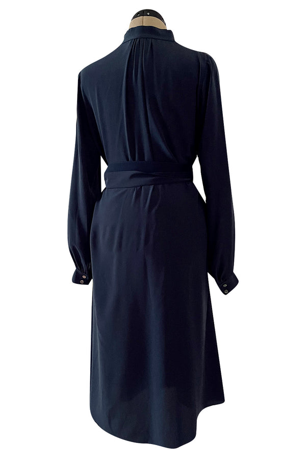 Early 2000s Lanvin by Alber Elbaz Deep Navy Blue Silk Shirt Dress W Extra Long Wrap Tie Belt