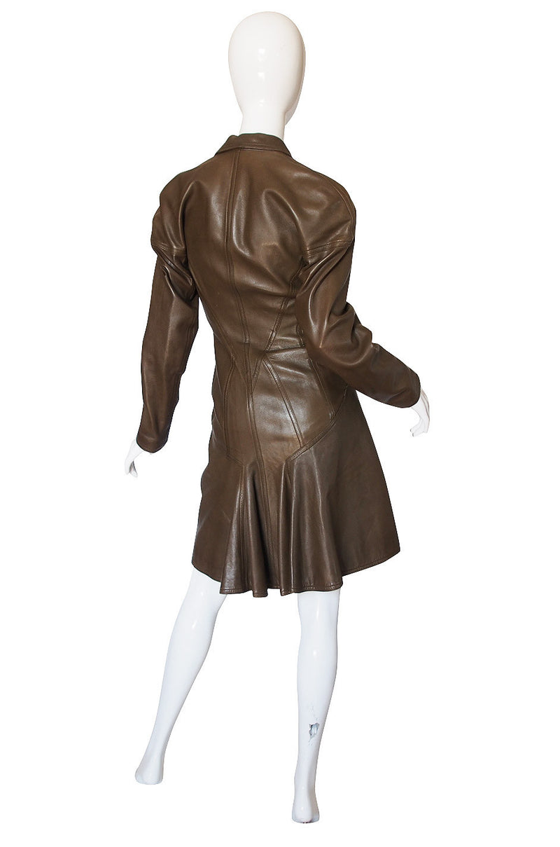 1980s Alaia Olive Leather Bustle Back Coat or Dress