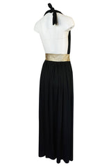 Documented 1980 Bill Tice Plunge Black & Gold Backless Halter Dress