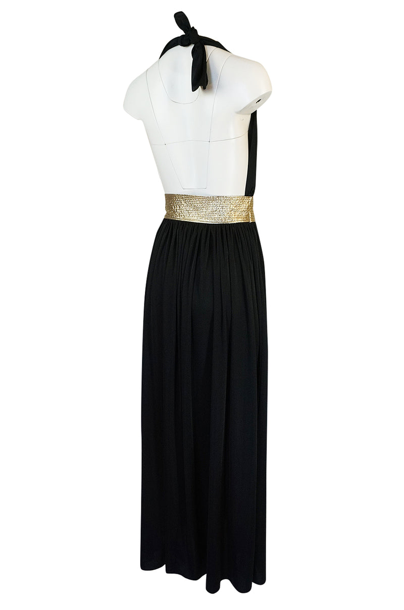 Documented 1980 Bill Tice Plunge Black & Gold Backless Halter Dress