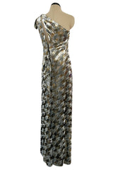1970s Mollie Parnis Metallic Silver Gold & Copper Fluid Velvet One Shoulder Dress