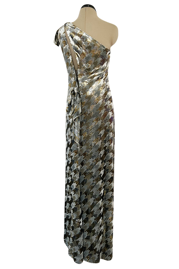 1970s Mollie Parnis Metallic Silver Gold & Copper Fluid Velvet One Shoulder Dress