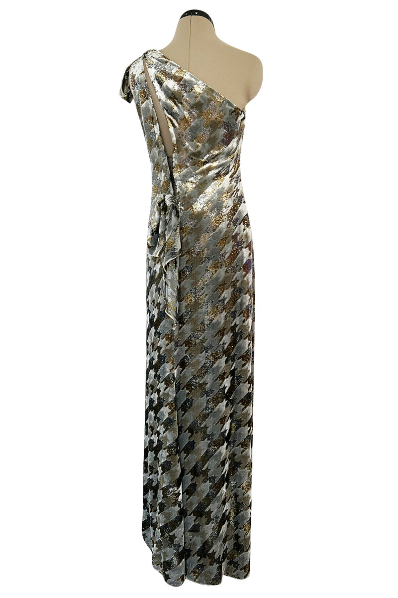 1970s Mollie Parnis Metallic Silver Gold & Copper Fluid Velvet One Shoulder Dress