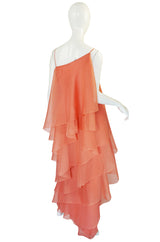 1980-82 Peach Silk Organza Ruffled Halston Spiral Gown