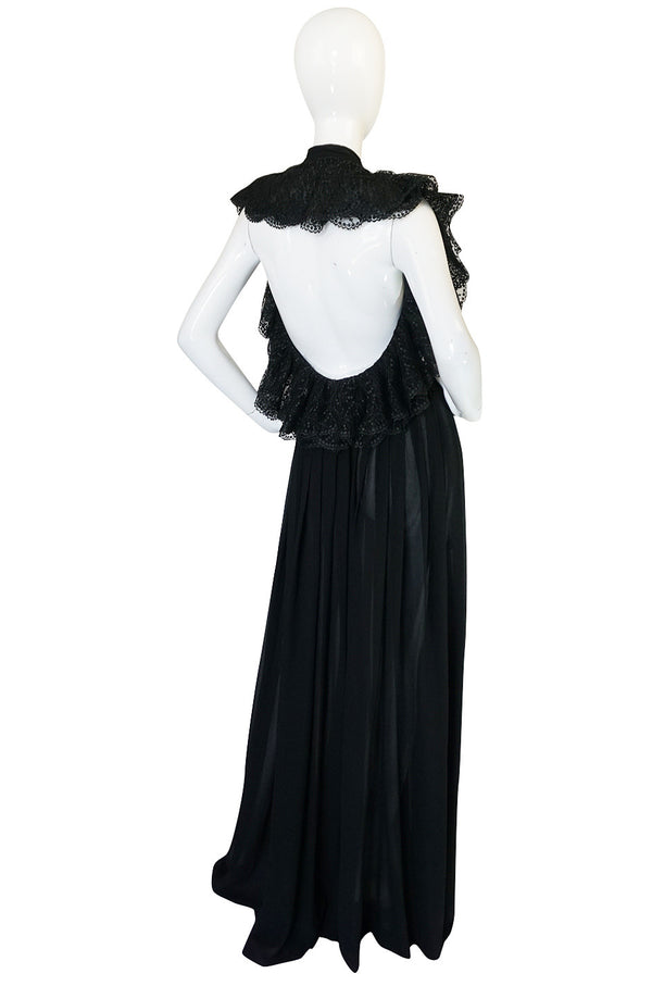 1970s Plunging Silk Chiffon & Lace Couture Galanos Gown