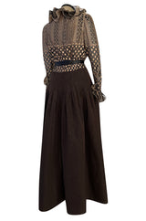 Incredible 1980s Unlabeled Haute Couture Silk Net & Brown Silk Taffeta Plunge Front Dress