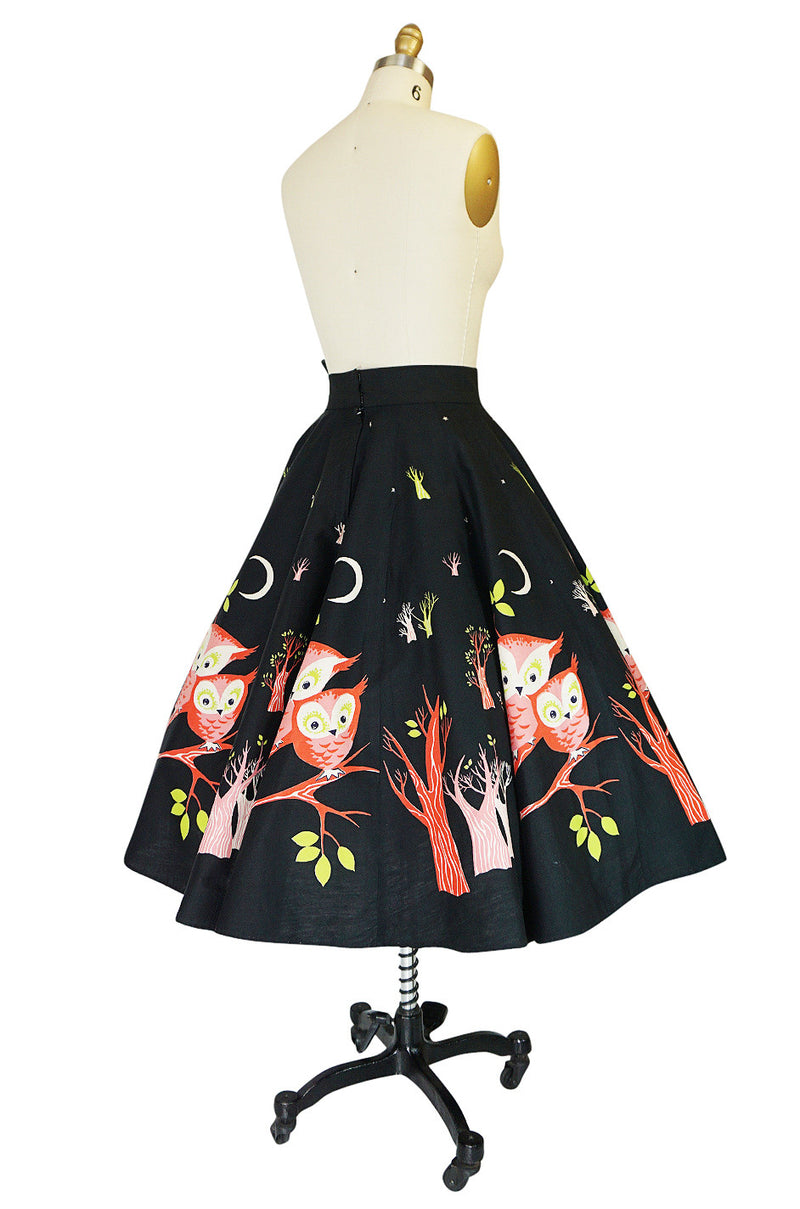 Wonderful 1950s Arts & Crafts Owl Print Cotton Circle Skirt