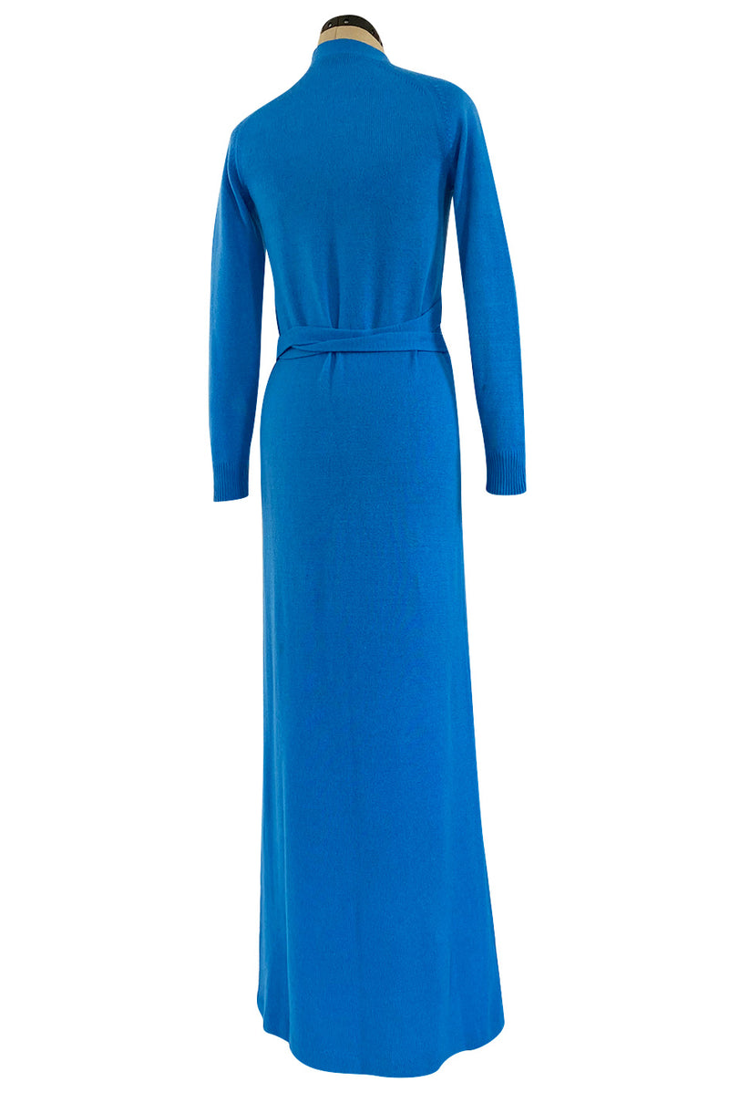 Documented Fall 1977 Halston Cashmere Sky Blue Dress w Extra Long Attached Wrap Ties