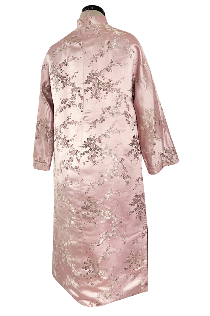 Prettiest 1960s Pink Silk Embroidered Asian Evening Coat w Top Stitched Cuffs & Collar
