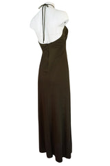 1970s Joy Stevens Embroidered Brown Jersey Halter Dress