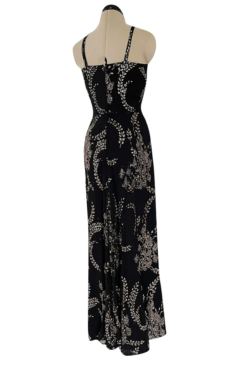 Incredible 1970s Ted Lapidus Sparkling Glitter Fused Design on Black Silk Chiffon Dress