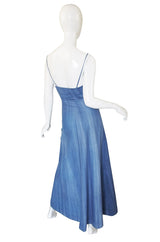 1960s Denim Look Biba Plunge Maxi Dress