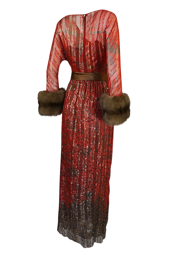 Fall 1979 Bill Blass Couture Hand Sequin Gold & Red Silk Chiffon Dress