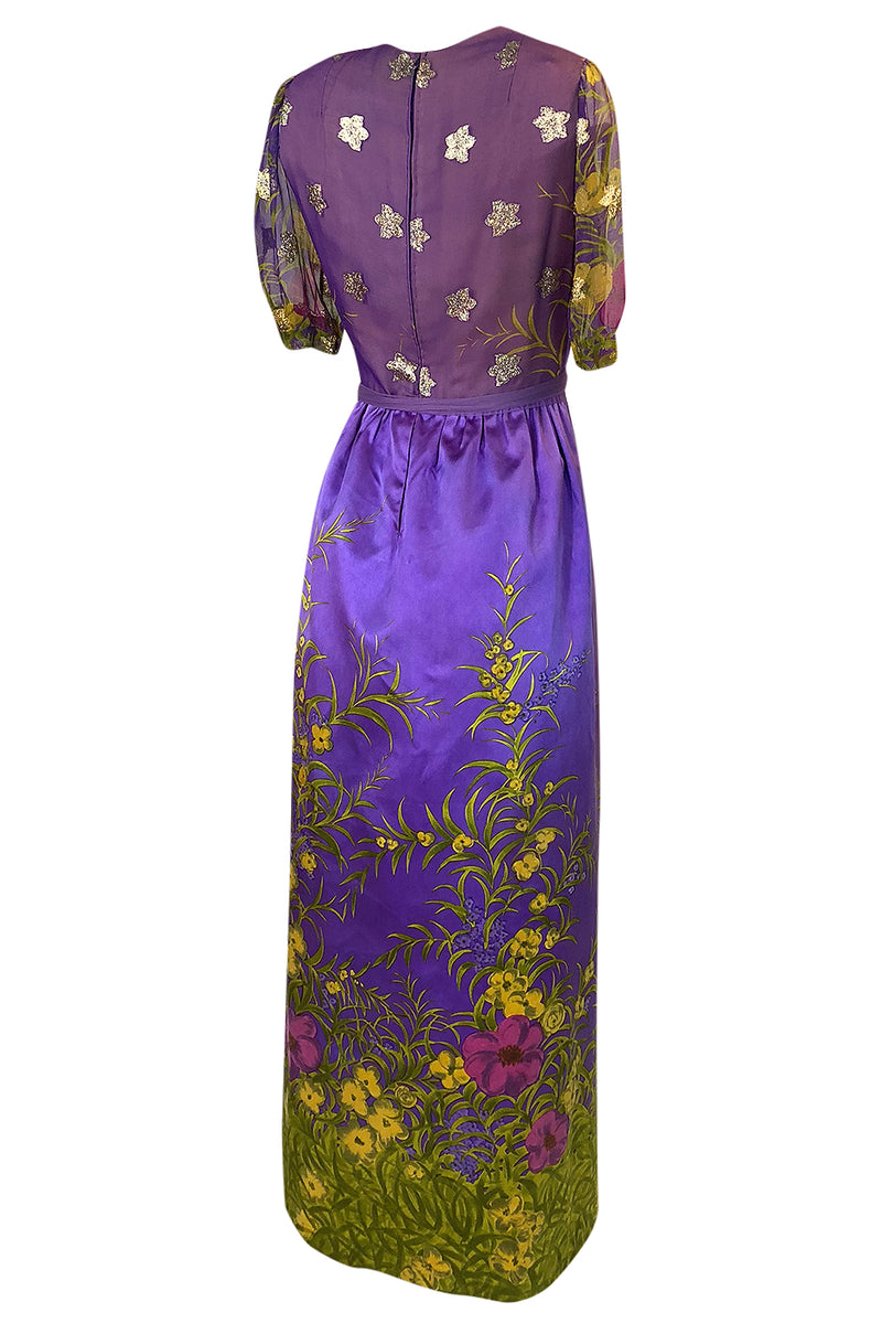 1960s Oscar de la Renta Prettiest Painted Floral Silk & Metallic Dress