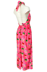 1973 Oscar de la Renta Brilliant Pink Backless Halter Dress w Front Keyhole