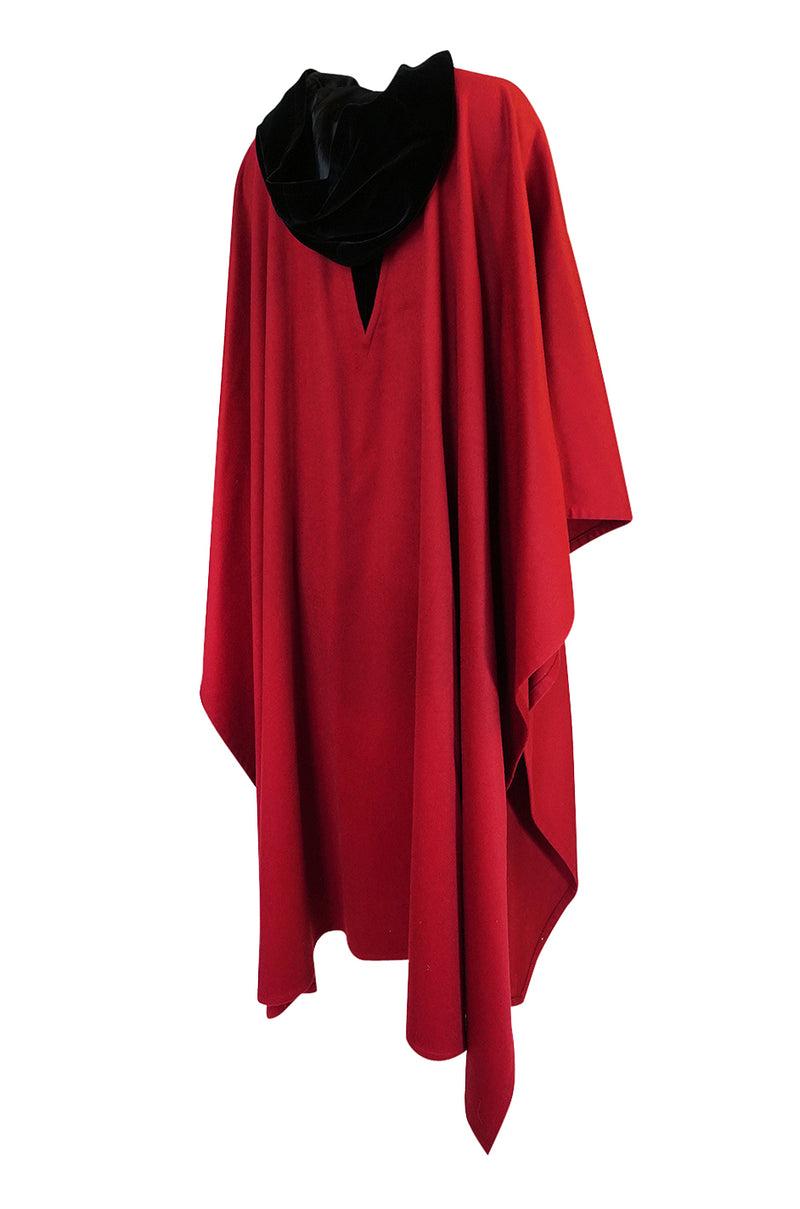 1970s-1980s Yves Saint Laurent Red Wool Cape w Black Velvet Hood