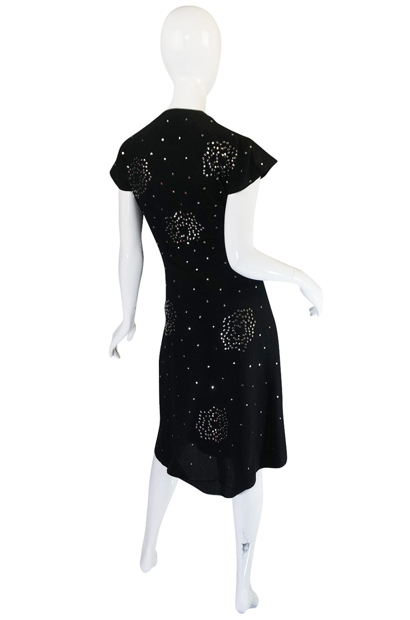Rare 1940s Studded Hip Flare Black Crepe Dress