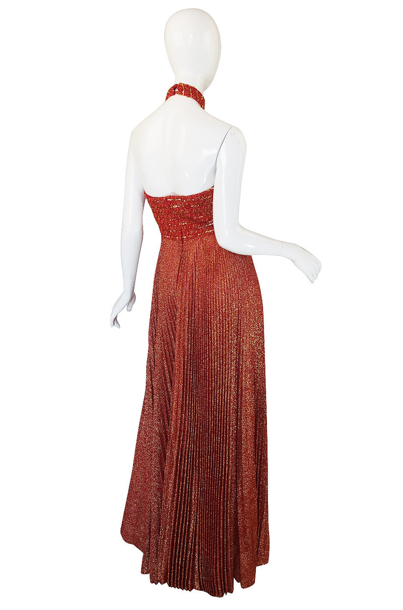 1970s Mignon Red Lame Gold Halter Dress