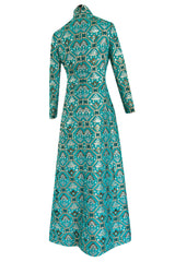 Gorgeous 1970s Mollie Parnis Turquoise Dress w Metallic Gold & Silver Detailing