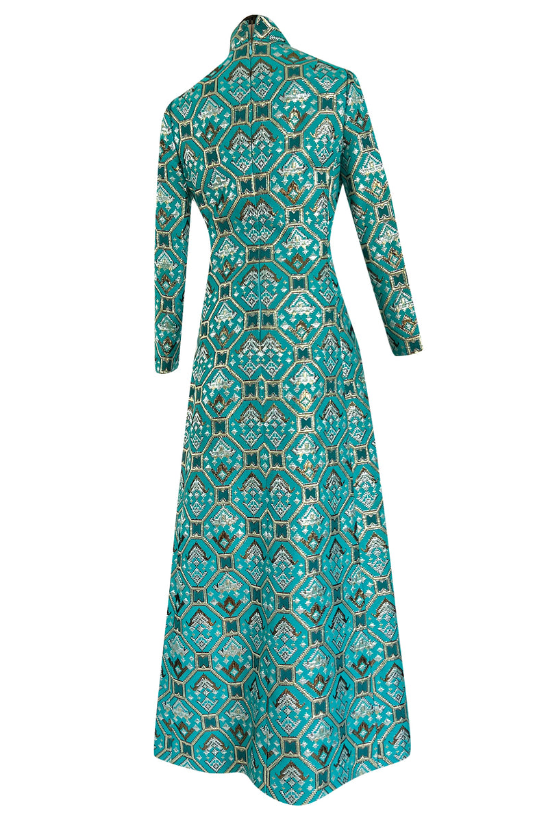 Gorgeous 1970s Mollie Parnis Turquoise Dress w Metallic Gold & Silver Detailing
