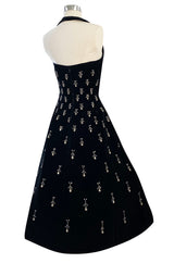 Incredible 1950s Ceil Chapman Jewelled Rhinestone Tear Drop Black Velvet Shelf Bust Dress