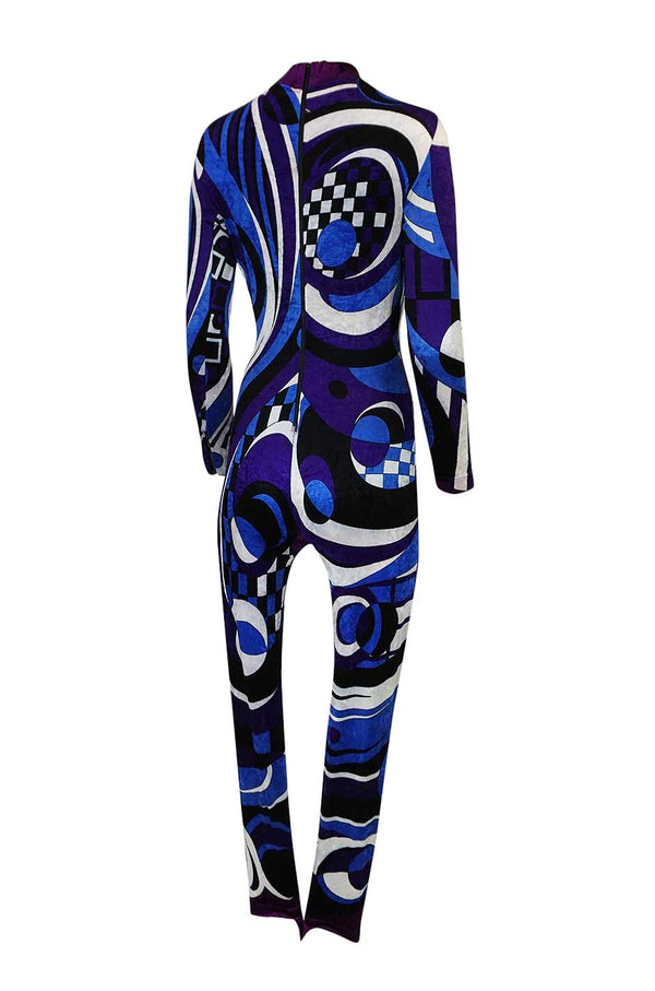 Rare 1970s Emilio Pucci Blue Print Velvet Stretch Catsuit w Stirrups