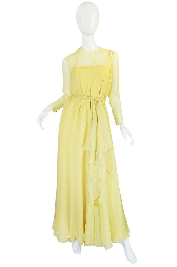1970s Yellow Silk Chiffon Stavropoulos Caftan Dress