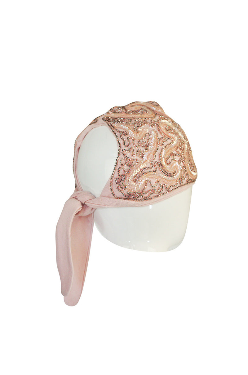 1940s Labeled Pink Sequin Tie Turban skullcap Hat