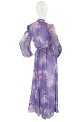 1970s Hanae Mori Romantic Pale Purple Print Chiffon Dress