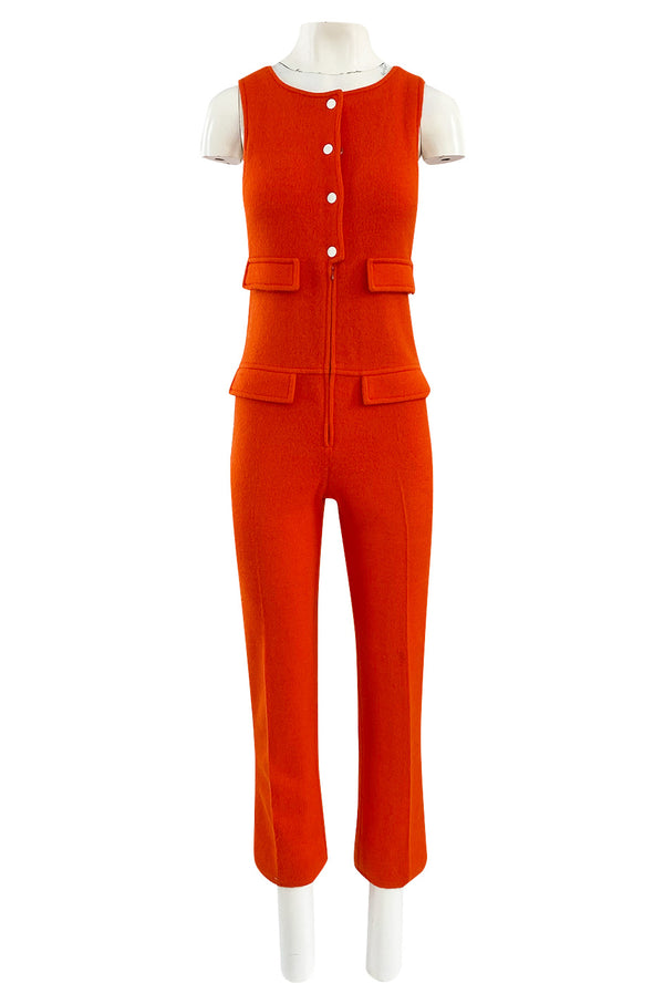 Rare 1970s Courreges Hyperbole Bright Orange Wool Jumpsuit & Matching Cropped Jacket