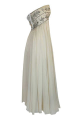 1970s Bob Mackie Beaded Strapless Ivory Silk Chiffon Dress