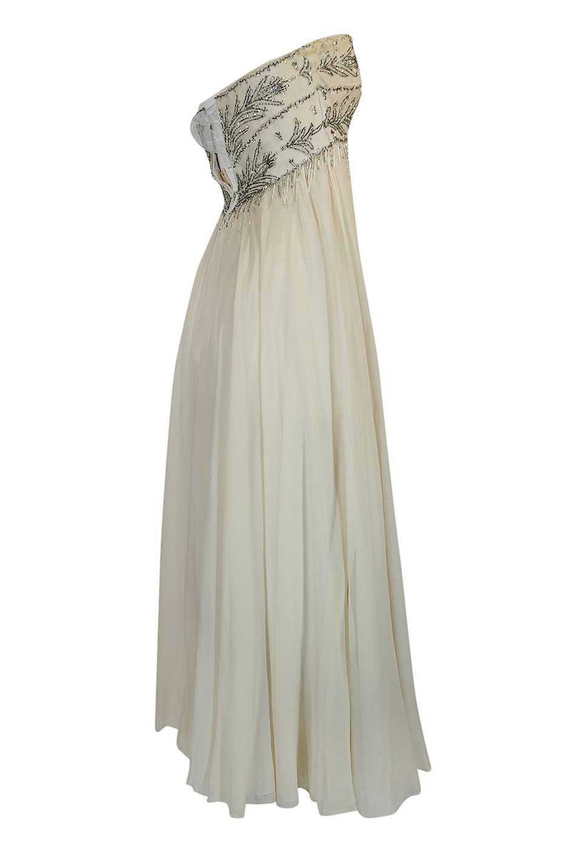 1970s Bob Mackie Beaded Strapless Ivory Silk Chiffon Dress