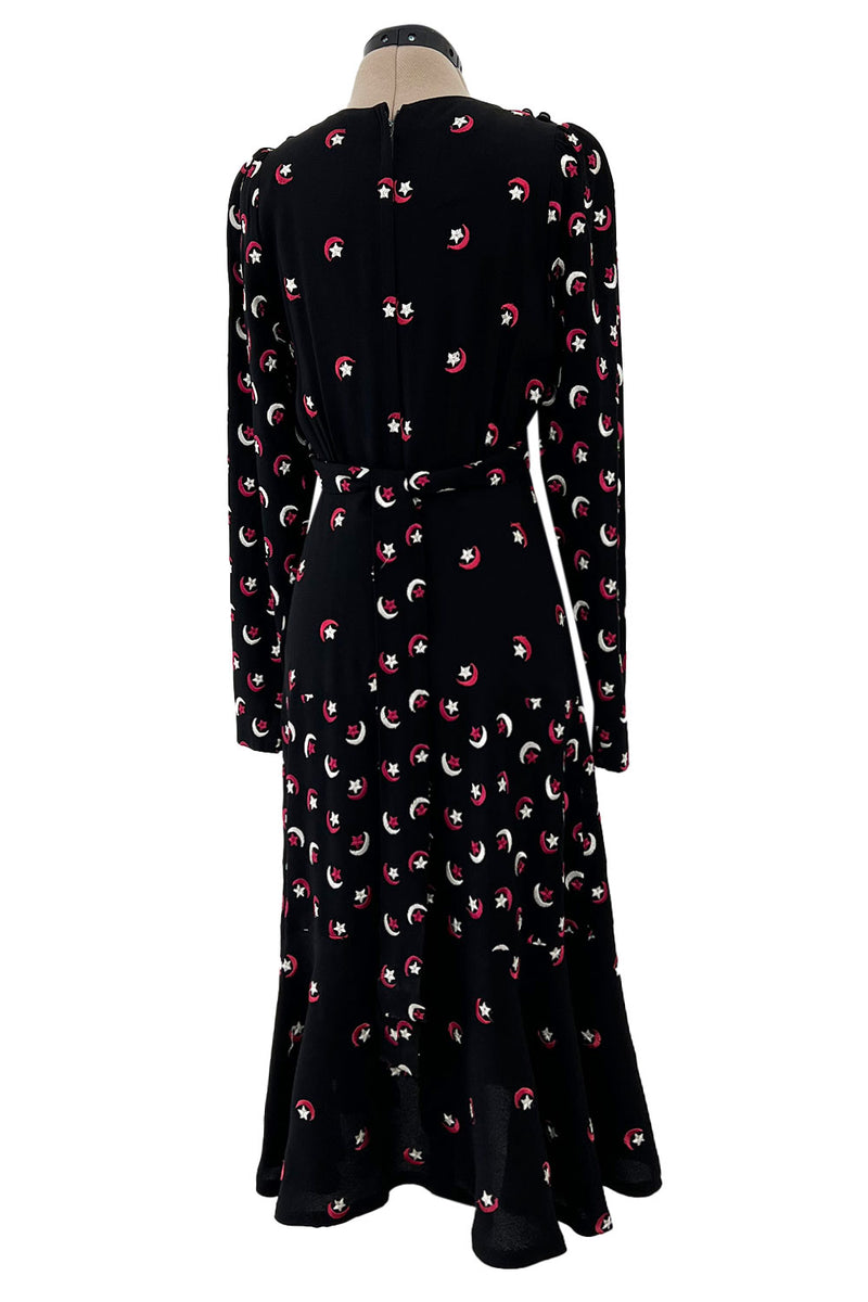 Wonderful 1971 Ossie Clark Moss Crepe Dress w Celia Birtwell Moon & Star Embroidery