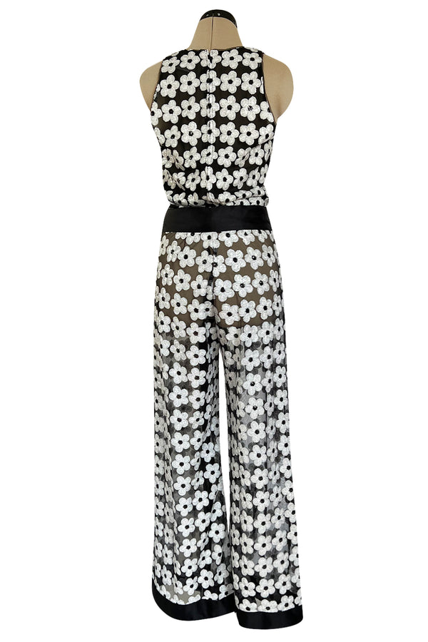 Spring 2015 Chanel by Karl Lagerfeld Black Net & White Sequin Flower Pant & Top Set