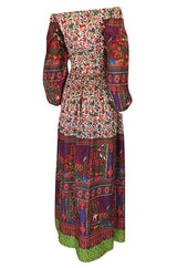 1960s Richilene Off Shoulder Pouf Sleeve Bohemian Printed Silk Dress