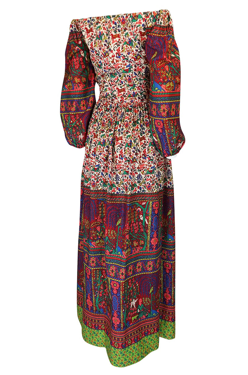 1960s Richilene Off Shoulder Pouf Sleeve Bohemian Printed Silk Dress