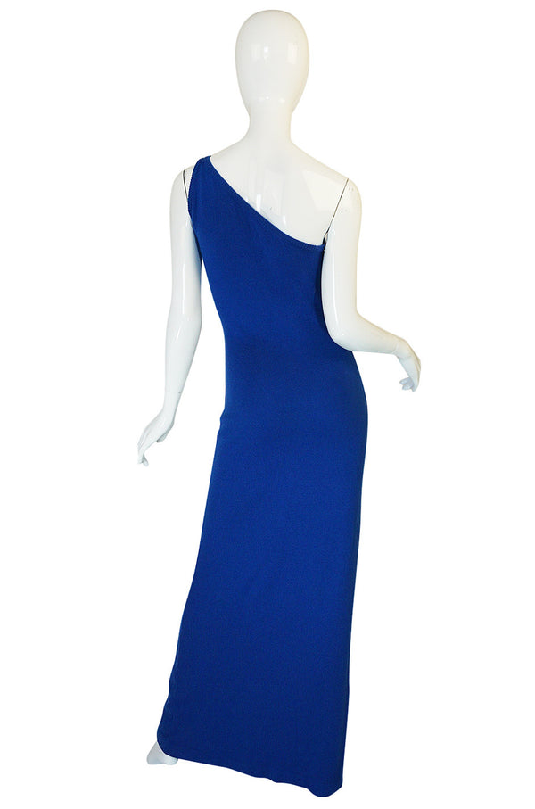 Museum Held 1977 Halston Blue Cashmere One Shoulder Dress