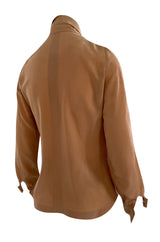 1970s Chanel True Haute Couture Pleated Front Silk Top w Bow & French Cuffs